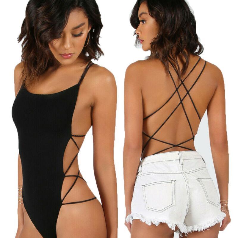 Sexy Bandage Bodysuit Sleeveless Backless Women V Neck Lace Up Bodysuit Leotard Summer Lady Casual Romper Tops Jumpsuit