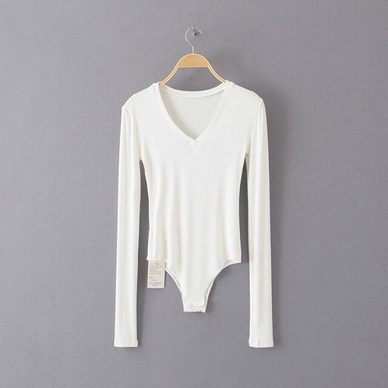 BRADELY MICHELLE 2019 Autumn Sexy Women Slim Long Sleeve V-neck Tops Cotton knitted Bodysuits With Hidden Button Jumpsuis