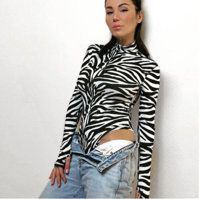 Summer Jumpsuits 2019 New Women Summer Casual Long Sleeve Turtleneck Skinny Zebra Stripe Jumpsuits Size S-XL