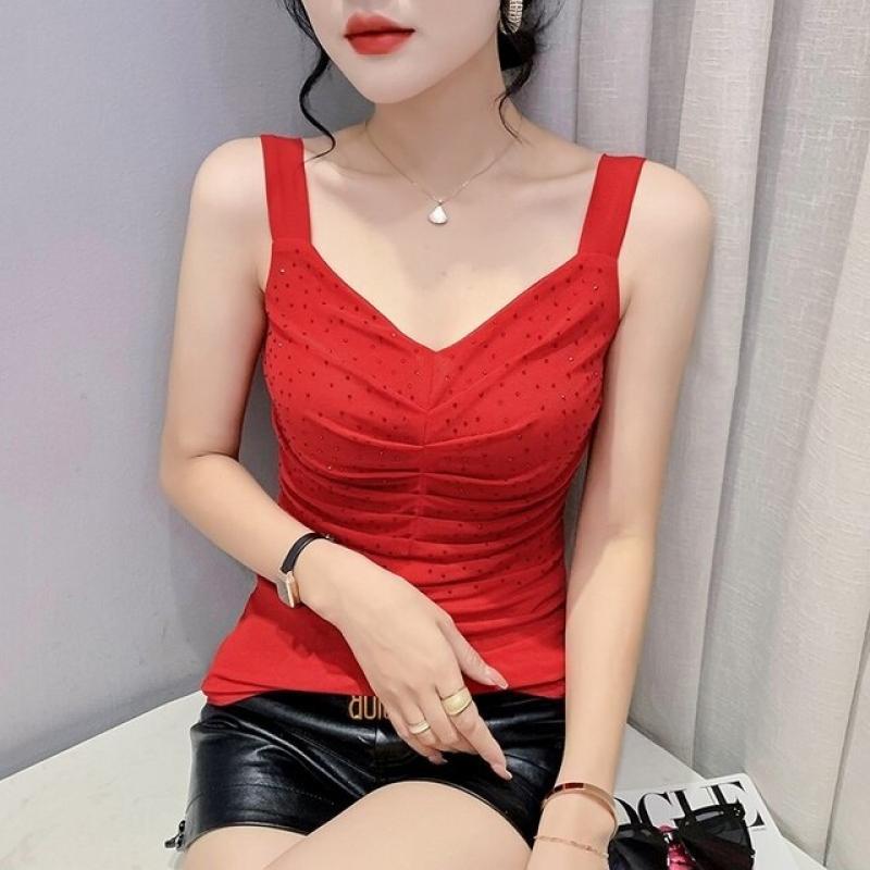 #5344 Black Red White Blue Elastic Mesh Top Women Backless Sexy Short Tank Top Femme Shiny Diamonds Tight Crop Top V-neck Summer