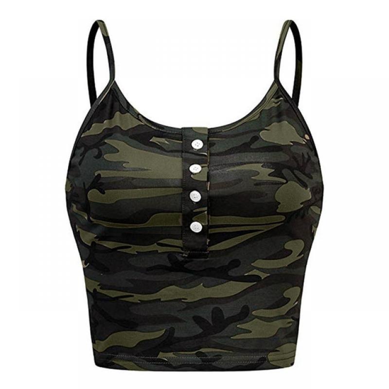 Crop Top Women Camouflage Shirts Womens Sleeveless O-neck Button Up Casual Workout Sports Vest Summer New Camis Tank Tops Blusa