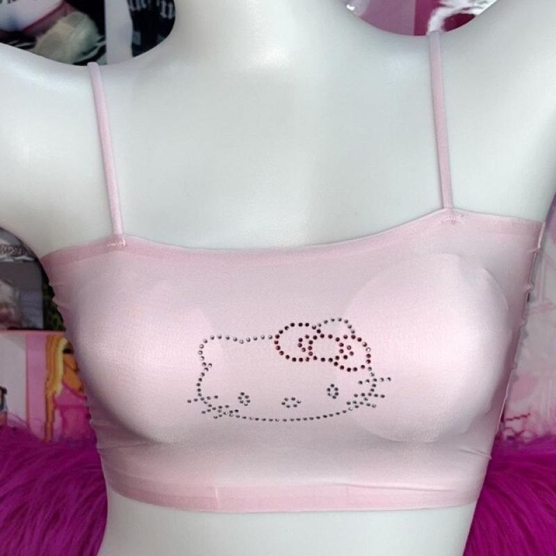 Sanrio Hello Kitty Pink Design Women Crop Tops Y2k Hot Girl Camis Sweet Elastic Ice Silk Tank Top Padded Bra Underwear Tees
