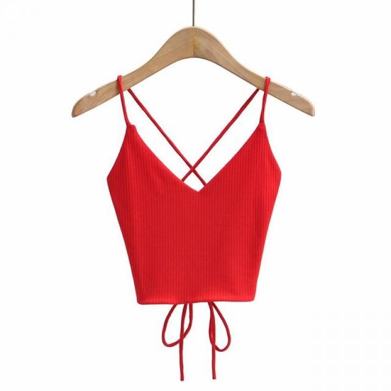 2022 Spring Summer Women Sexy Corset Crop Top Tank Knitted Back Drawstrings Tie Solid Backless Sleeveless Criss Cross Knit Camis