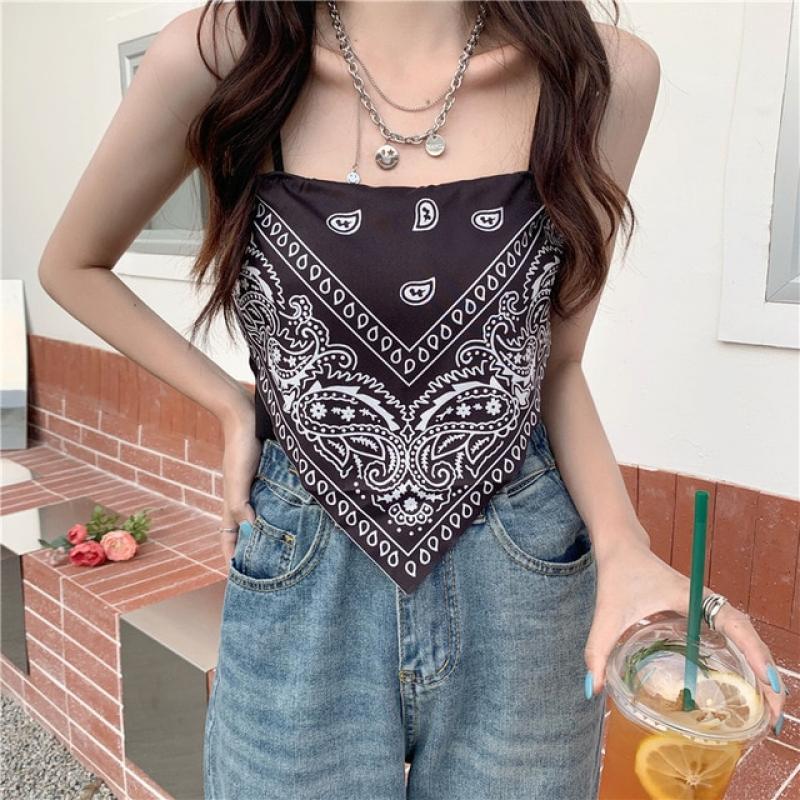 2022 Retro Camisole Summer Short Triangle Top Mercerized Cotton Paisley Printed Indie Folk Woman Sexy Spaghetti Camis Crop Tops