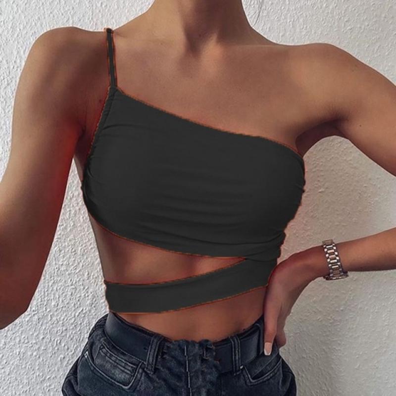 One Shoulder Shirt for Women 2020 Sexy Summer Crop Tops Strapless Ladies Tanks and Camisole Hollow Out Short Shirt Ropa Mujer