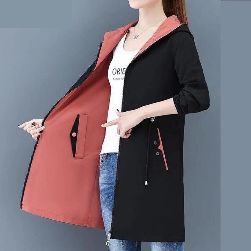 2023 New Autumn Windbreak Female Jacket Women Hooded Coats Casual Basic Jackets Two Side Wear Mid Long Trench Coat Outwear 3XL