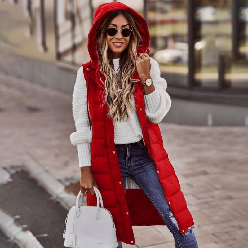 Cotton Coat Women Sleeveless Light Thin Long Slim Hooded Waistcoat 2022 Autumn Winter New Fashion Temperament White S-5XL Coats