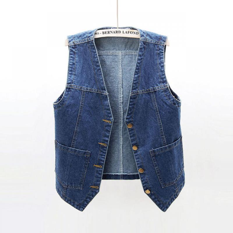 Women Street V-Neck Denim Vest Fashion Spring Summer Casual Sleeveless Buttons Loose Blue Jean Waistcoats Coat Korean Style