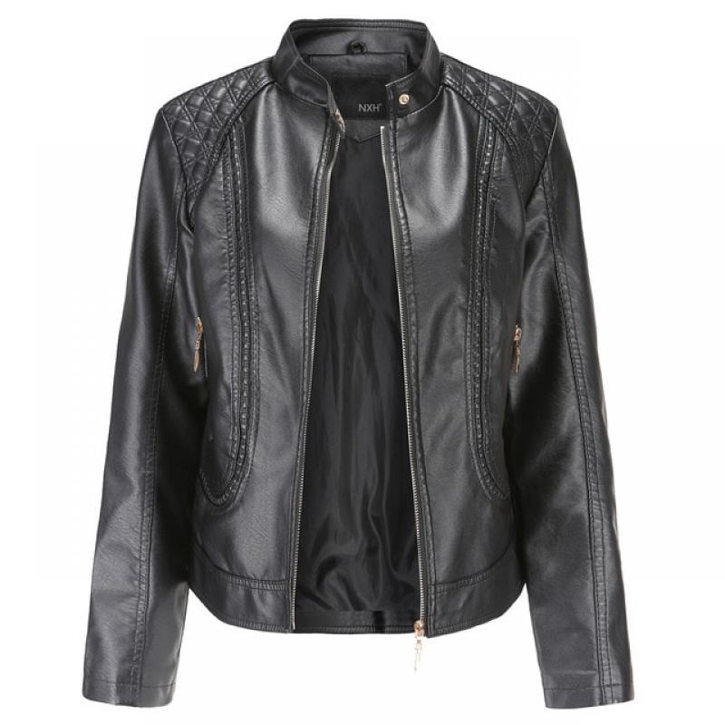 2021 new spring and autumn temperament European and American large stand collar PU leather women's leather jacket