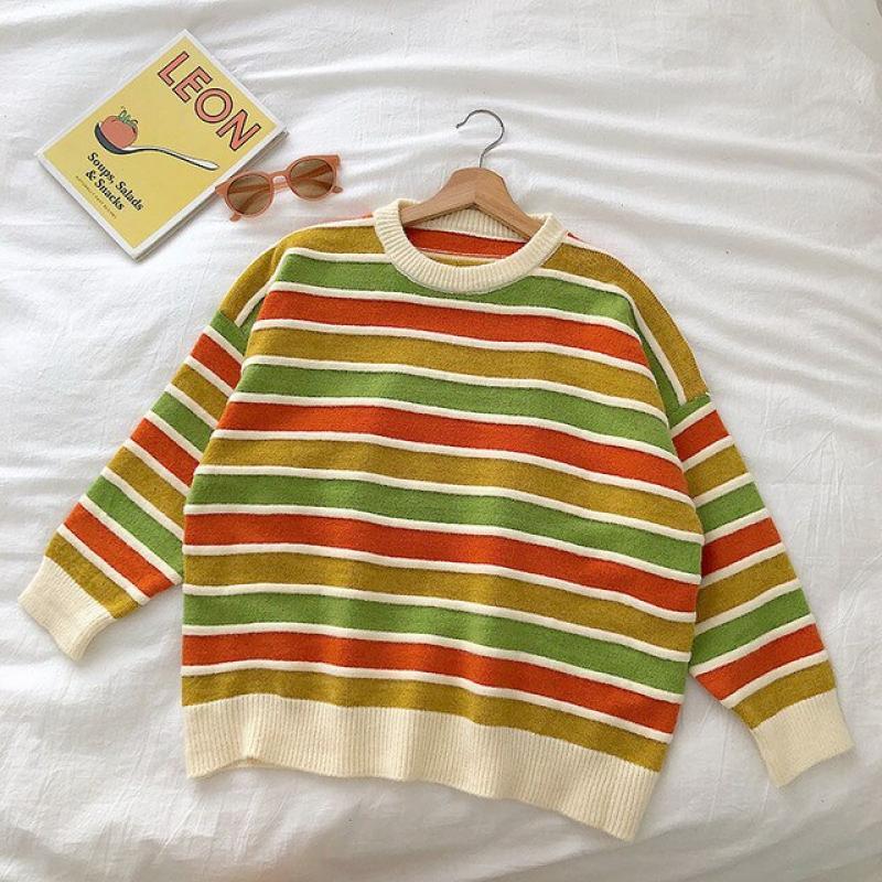 Sweater Winter Chic Fresh Mixed Color Stripe Loose All-Match Round Neck Pullover Long Sleeve Sweater for Women Loose Colorful