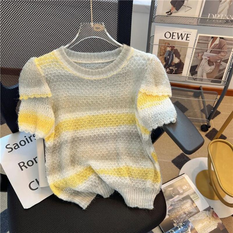 Summer Loose Rainbow Colorful Striped Knitted Pullover Women Fashion Casual Straight O-Neck Puff Short Sleeve Ladies Sweater