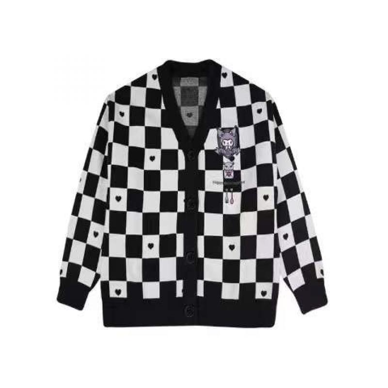 Japanese Oversized Kawaii Cartoon Embroidery Cardigan Women Jk Uniform Checkerboard Sweater Coat Autumn Loose Y2k Knitted 2022