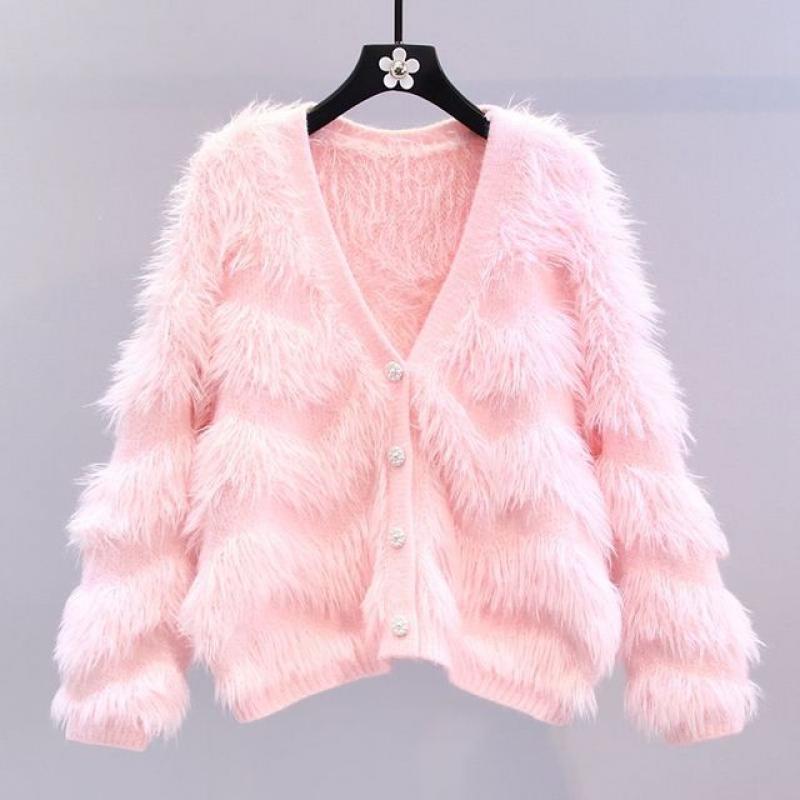 New high-end autumn and winter mink down knitted sweater Women's V-neck exquisite snowflake button loose short sweater cardigan