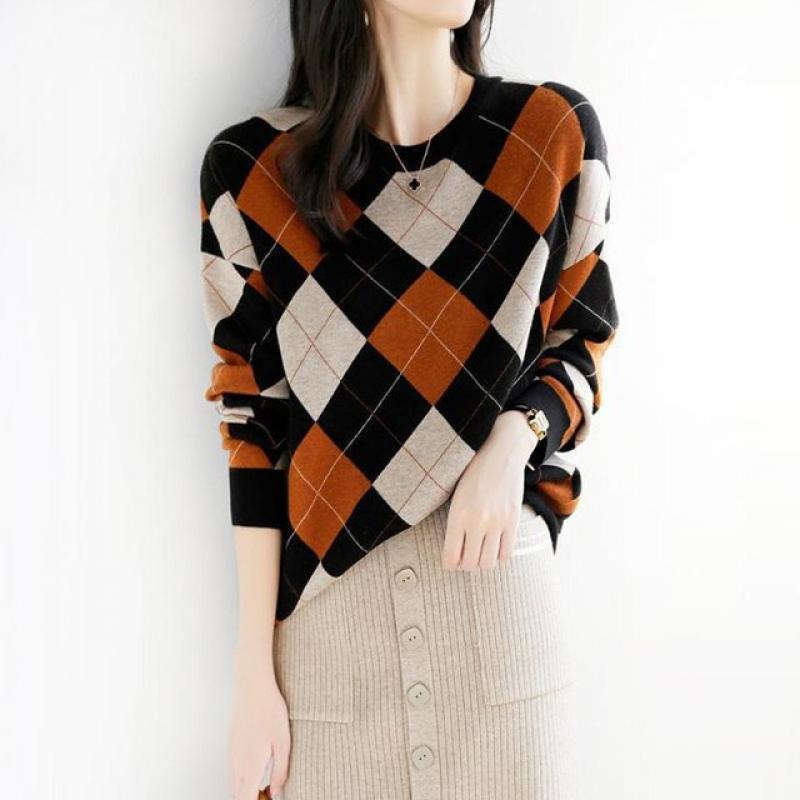 Elegant Vintage Round Neck Argyle Knitted Sweaters Women's Clothing Long Sleeve Fashion Commute Warm Jumpers Autumn Winter New