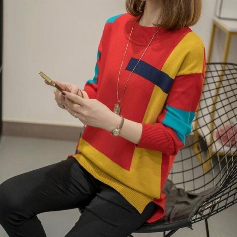 Fashion All-match Geometric Pattern Sweaters Female Autumn Winter Korean Round Neck Loose Vintage Long Sleeve Knitted Jumpers
