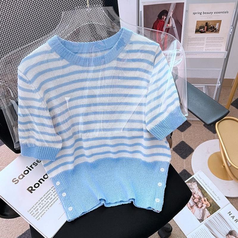 Striped Ice Silk Knitted Short Sleeve Sweater Women Korean Fashion Pullover O-Neck Tops 2023 Summer