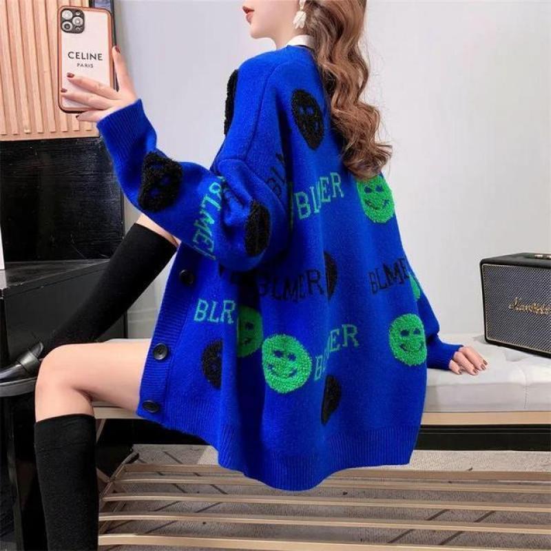 Spring and Autumn Knitted Cardigan 2023 New Korean Loose Sweater Cardigan Versatile Sweet Retro Smiling Face Wool Coat Top Women