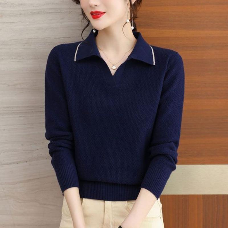 Women's Clothing 2022 Turn-down Collar Patchwork Solid Temperament Intellectual Dignified Autumn Winter Thick Pullovers Elegant