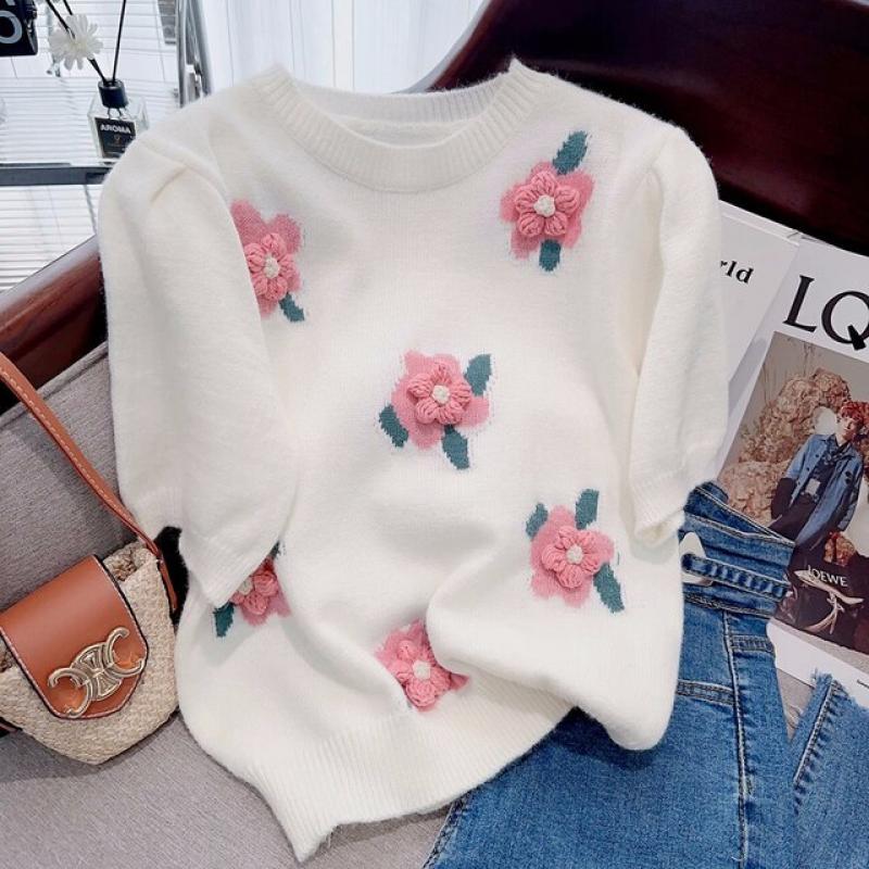 Summer Thin Appliques Flower Knitted Fabric Short Knitted Pullover Women Fashion O-Neck Puff Short Sleeve Beige Ladies Sweater