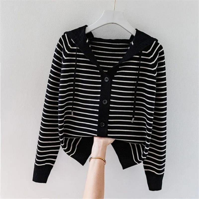 Stripe Hooded Thin Oversize 4xl Knitted Cardigan Tops Spring Fall Women's Loose Elegant Blouse Casual Knitewear Sweater Coat