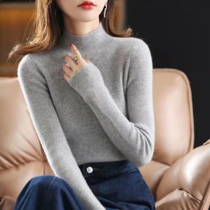 Half high neck sweater women autumn and winter 2023 knitwear solid long sleeved top versatile western-style sweater pullover