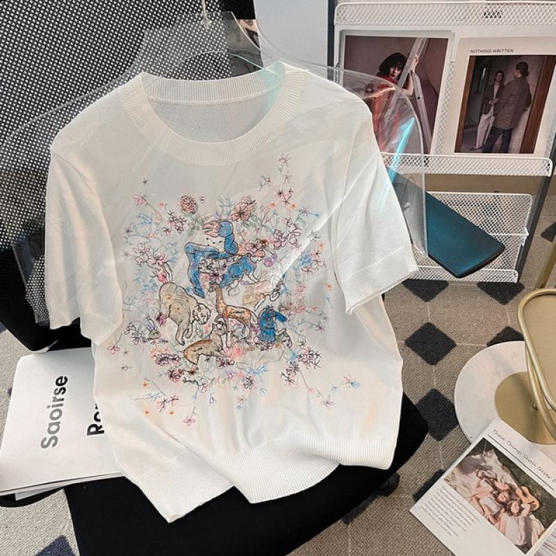 O-Neck Ice Silk Embroidery Cartoon Short Sleeve Sweater Women Knitted Pullover Summer Tops 2023