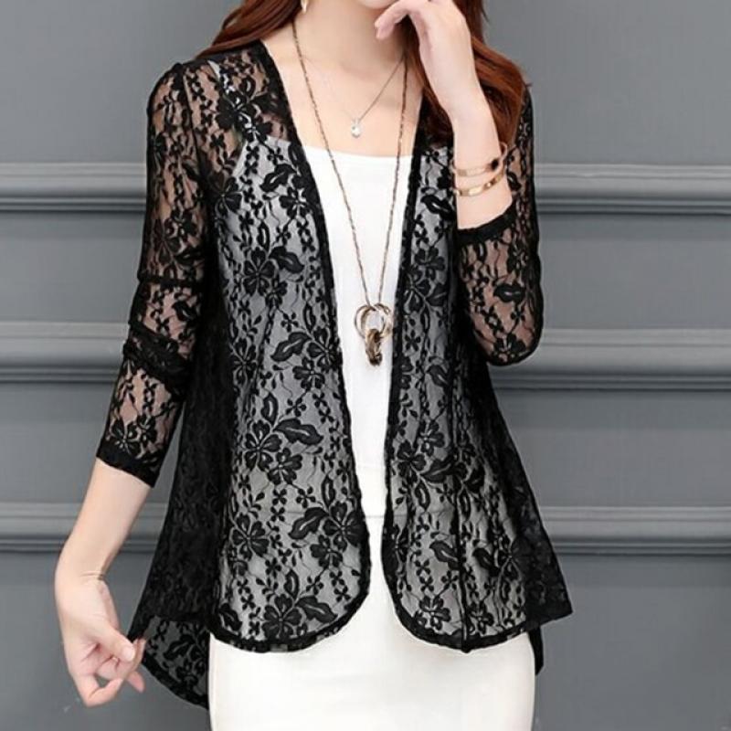 Women Summer Hollow Cardigan Shirt Sunproof Blouse Boho Tops Beach Lace Chiffon Sunscreen Outwear Casual Long Sleeve Shirt Coat