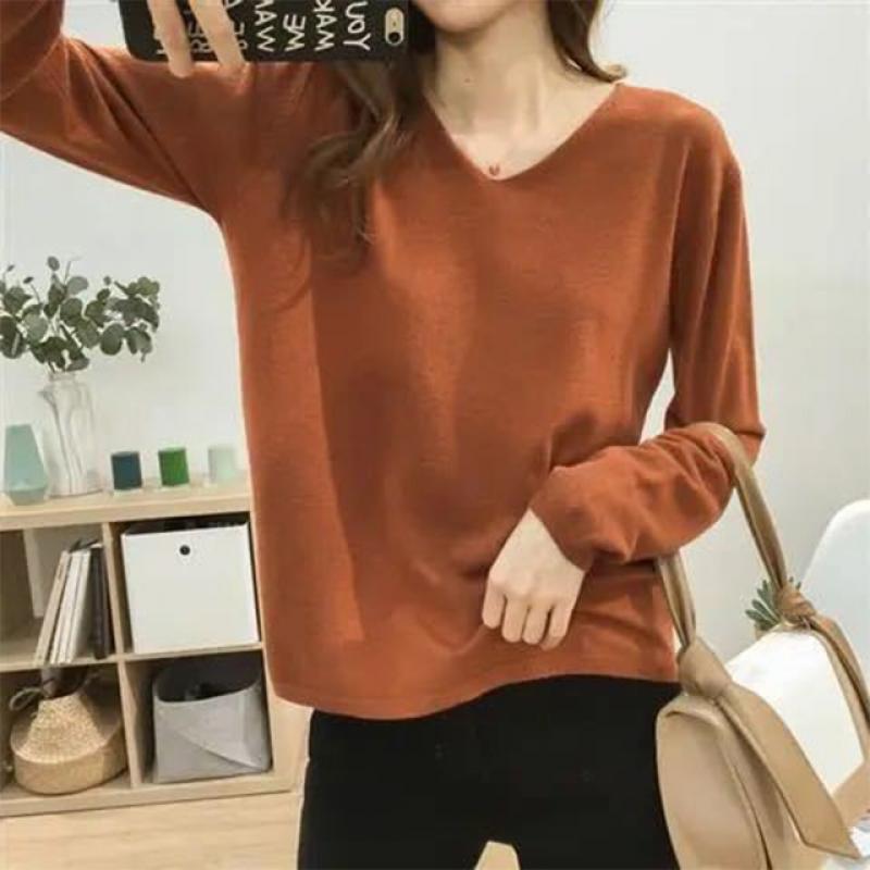 Autumn Winter Solid Simple V-neck Sweet Sweater Ladies Elegant Fashion All-match Pullover Top Women Loose Casual Knitting Jumper