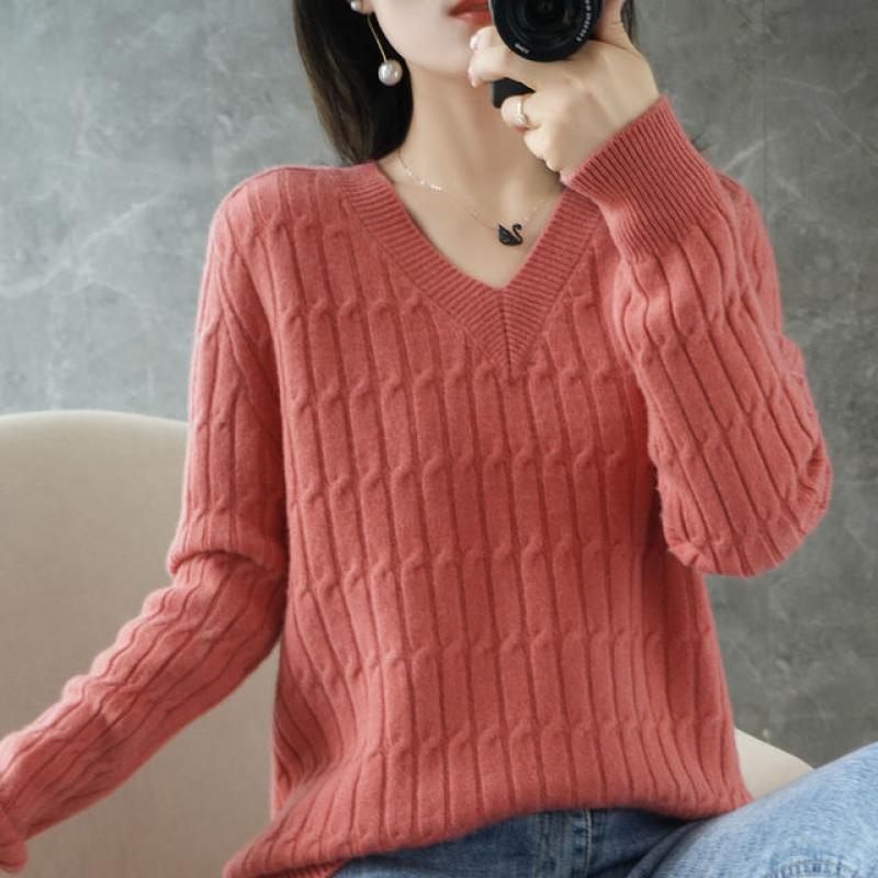 Women's V-Neck Long-Sleeve Sweater Korean Fashion Loose Knit Shirt With Large Size Knit Bottom New Autumn And Winter Sweater