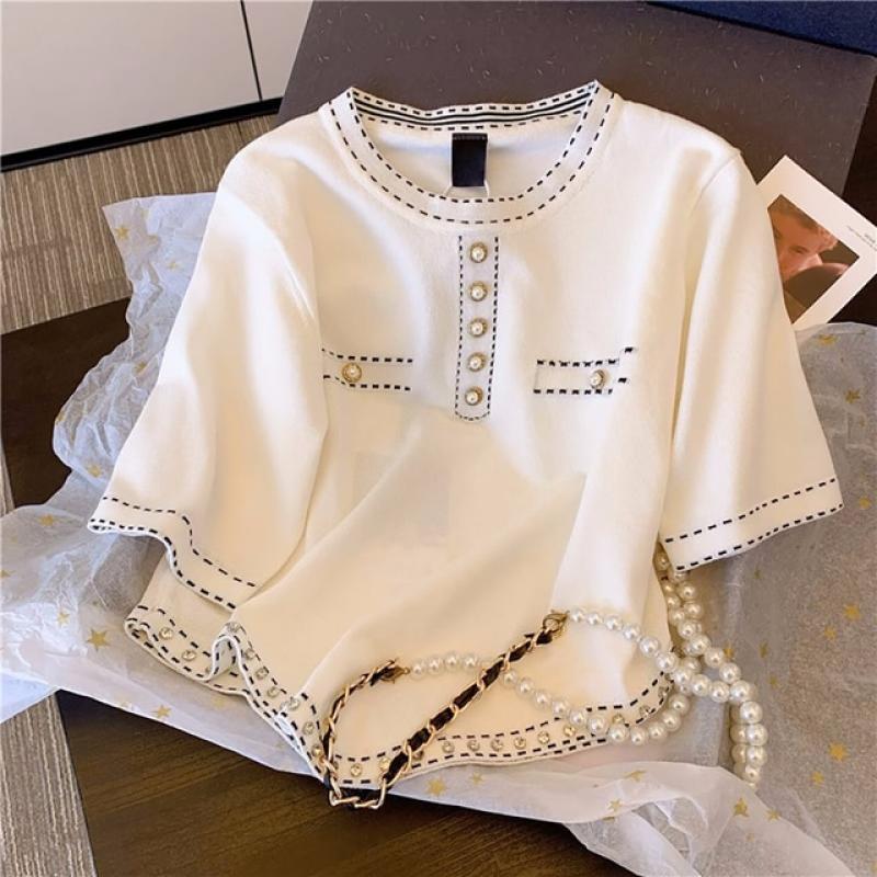 Summer Thin Beading Pearl Buttons Knitted Pullover Women Korean Fashion Casual Elegant O-Neck Short Sleeve White Ladies Sweater