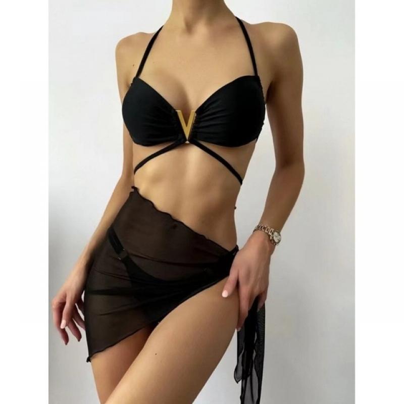 2023 New Women Style Small Fragrance Bikini Summer Fashion High Waist Double Shoulder Solid Color Swimwear 3-Pieces Lacing Sling