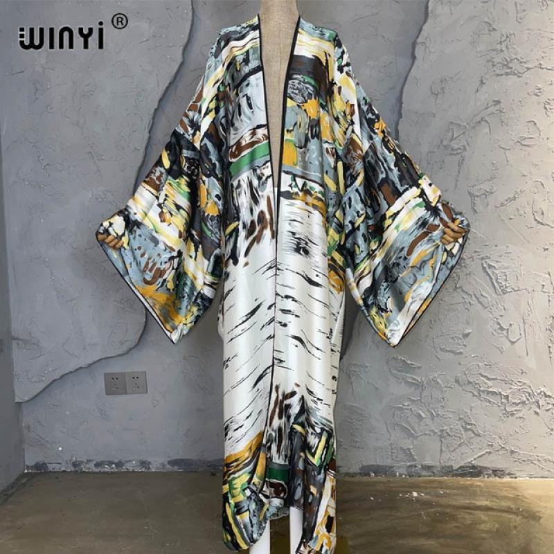 WINYI 2023 new summer Women Graffiti printing Long Sleeve Cardigan Female Loose beach Cover Up boho dress Streetwear kimono