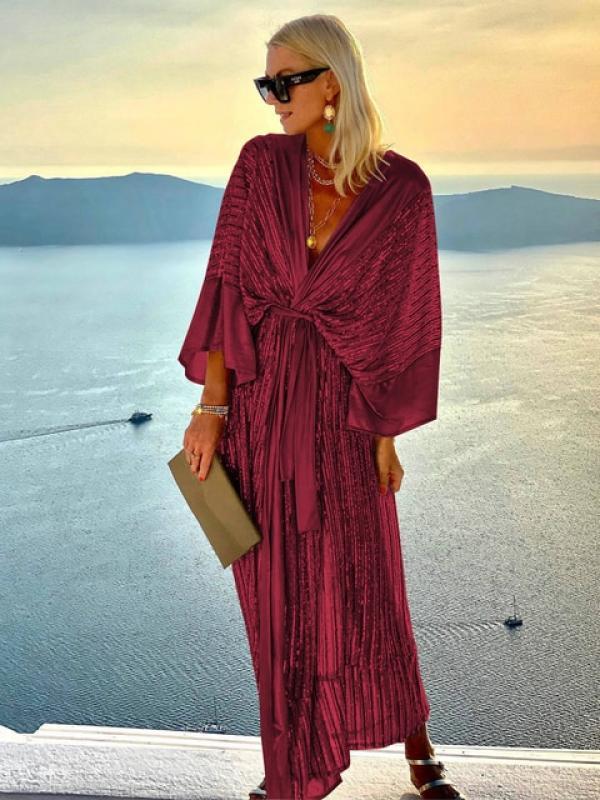 New Sexy Shiny Long Sleeves Beach Cover Ups Swimsuit Solid Color Women`s Swimwear 2023 Female Belt Robe Bathing Suit Beachwear