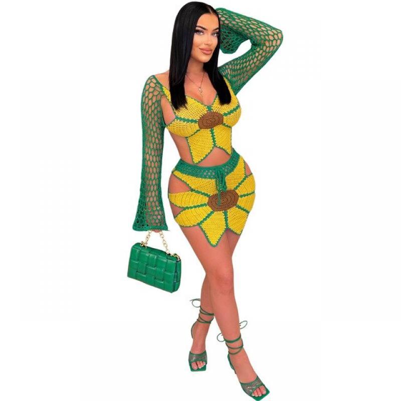 2023 Summer Skirt 2 Piece Set New In Matching Sets Hot Ladies Beach Suits Sexy Hand Crocheted Sunflower Women's Fashion Suits