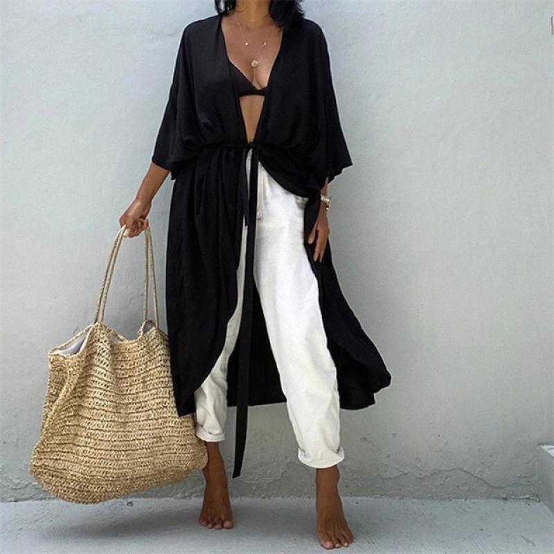 Beach Cover Up Kimono Women Summer 2023 New Pareo Swimsuit Cape Solid Bohemian Tunic Dresses Bathing Suits Dropshipping