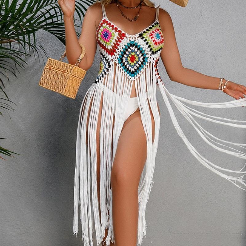 1Piece Sexy Hand Hook Halter Tassel Skirt White Beach Mid Length Dress Beach Crochet Bikini Cover Up V Neckline Florar Dress