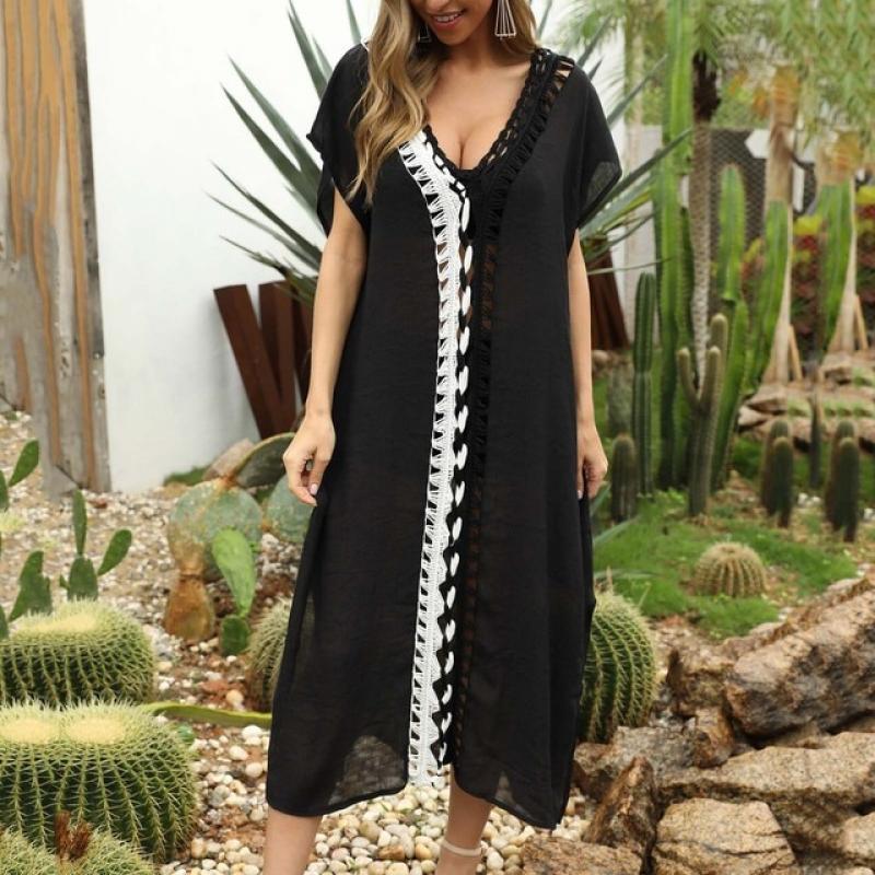 V-Neck Hollow Out Cover Up Woman Swimsuit Sexy Side Split Short Sleeve Beach Midi Dress 2023 Ladies Knit Bikini Cover-Ups Dress