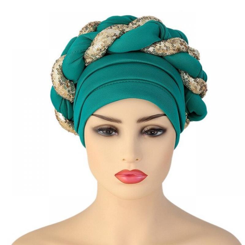 Islamic Prayer Turban Sequined Braided Muslim Beanie Caps Chemo Cancer Hair Cover for Women 11 Colors