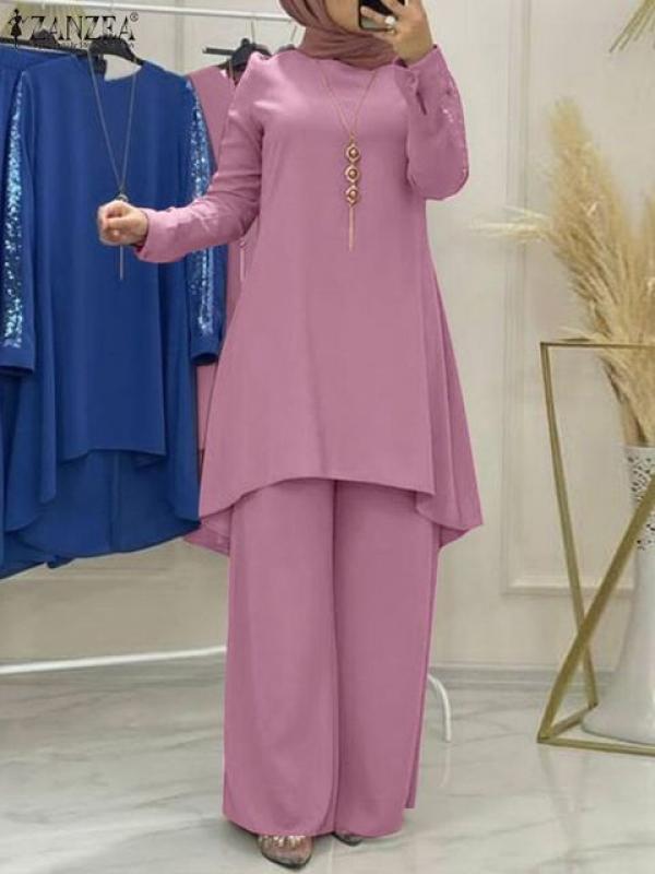 ZANZEA Two Piece Sets Womens Outifits Casual Loose Muslim Ramadan Islamic Clothing Spring Long Sleeve Sequin Blouse Pants Suits