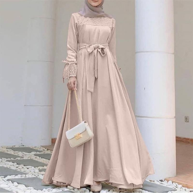 Women Middle East Abaya Dress Islamic Clothing Solid Color Turkey Caftan Hijab Saudi Muslim Solid Robe Casual Lace Dress Abaya