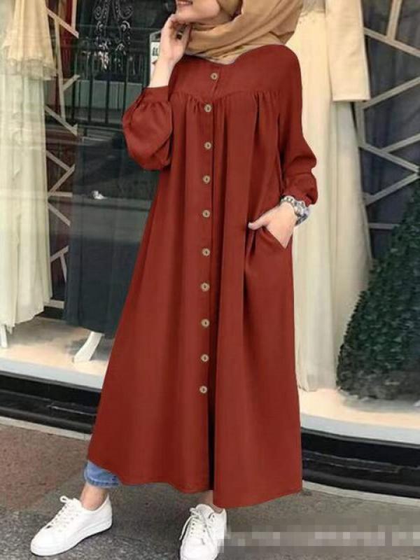 Women's Muslim New Solid Color Long Sleeve Shirt Dress Casual Pocket Robe Abayas for Women Muslim Dress Muslim Dress Open Abaya