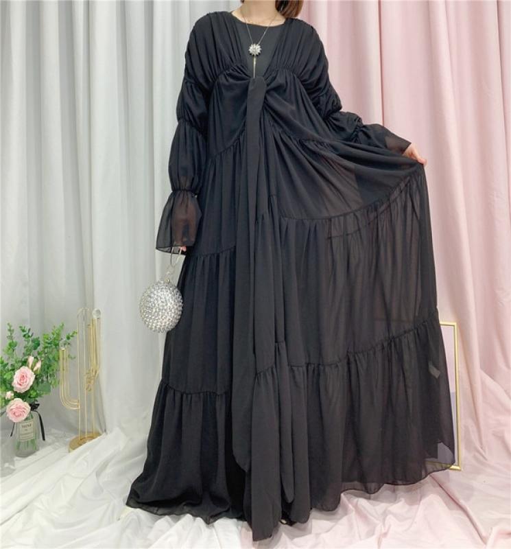 Ramadan Chiffon Open Abaya Kimono Turkey Pleated Abayas for Women Dubai Puff Sleeves Muslim Hijab Dress Islamic Clothing Kaftan