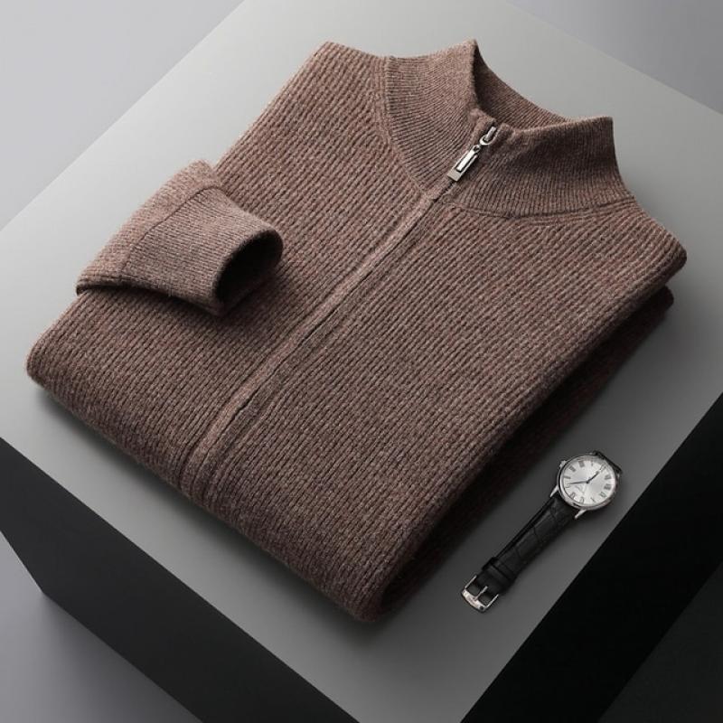 LHZSYY Men's Cashmere Knit Cardigan Middle-Aged Stand-up Collar Zip-up Coat 100%Pure Wool Autumn Winter Thick Sweater Men Jacket