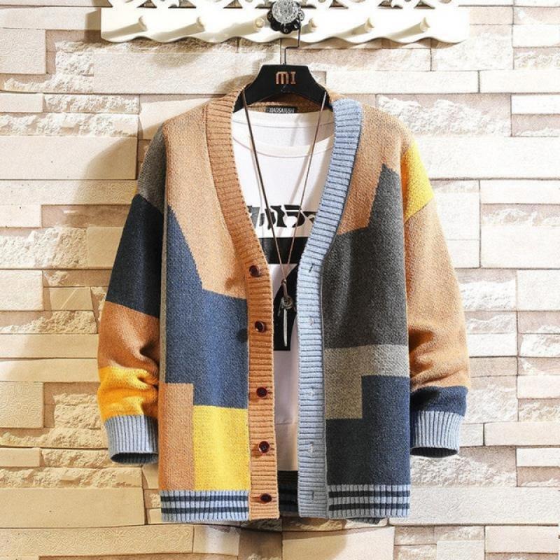 The new men's colorful sweater cardigan splicing V-neck knitwear large size jacket