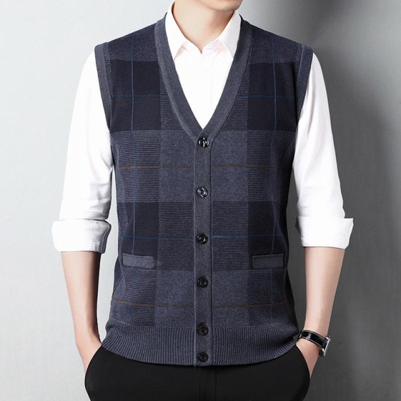 2022 Autumn and Winter New V-neck Imitation Wool Sweater Vest Men's Cardigan Vest Sweater Warm Sweater