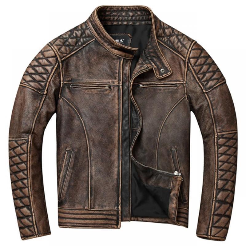 Vintage Men Leather Jacket Thick 100% Genuine Cowhide Biker Jacket  Slim Fit Men Motorcycle Coat Autumn ASIAN SIZE S-5XL M419