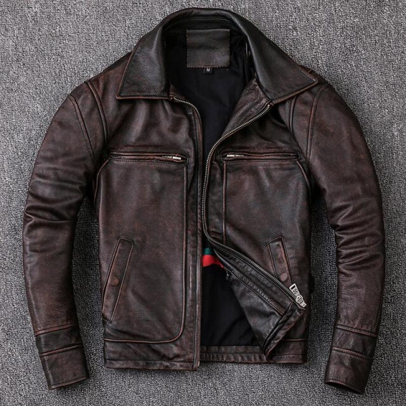 New Men Cowhide Coat Men's Genuine Leather Jacket Vintage Style Man Leather Clothes Motorcycle Biker Jackets Plus Size 134cm