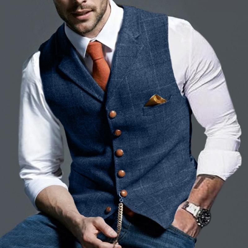 Autumn Men's Vest Jacket Men Popular Plaid Slim Fit Vest Sleeveless V Neck Business Single Breasted Button Pocket