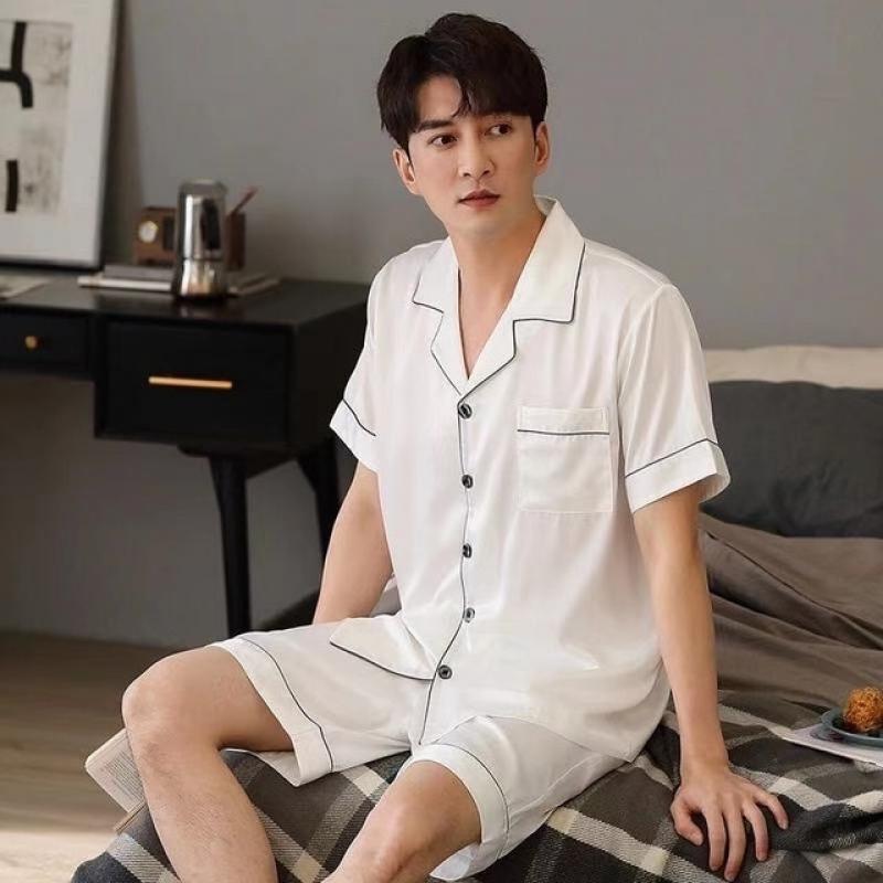 New Summer Men Pajama Sets Silk Satin Pijama Turn-down Collar Sleepwear Short Sleeve Nightwear Male 2 Pieces Sets Homewear 5XL