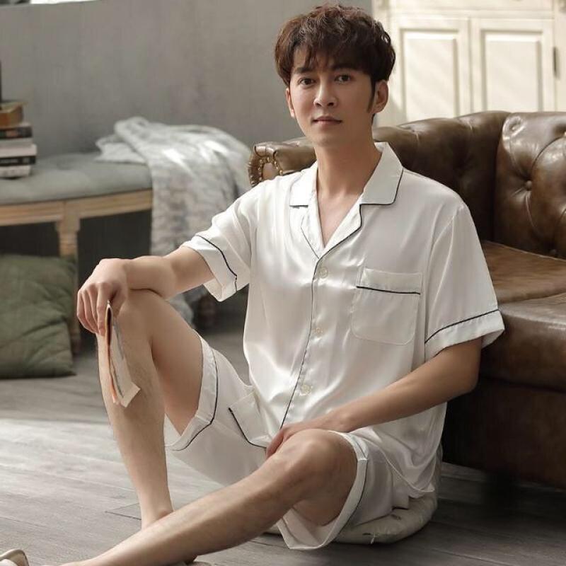 Men Pajama Sets Silk Satin Pijama Turn-down Collar Sleepwear Long Sleeve Spring Nightwear Male 2 Pieces Sets Homewear